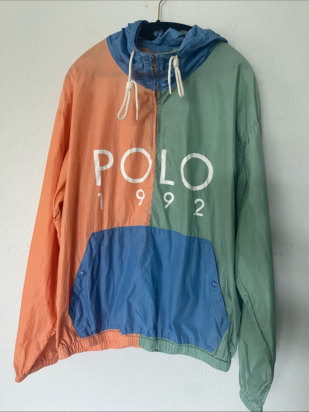 Vintage Polo by Ralph Lauren Colorblock Hooded Windbreaker — Coral, Sage & Blue